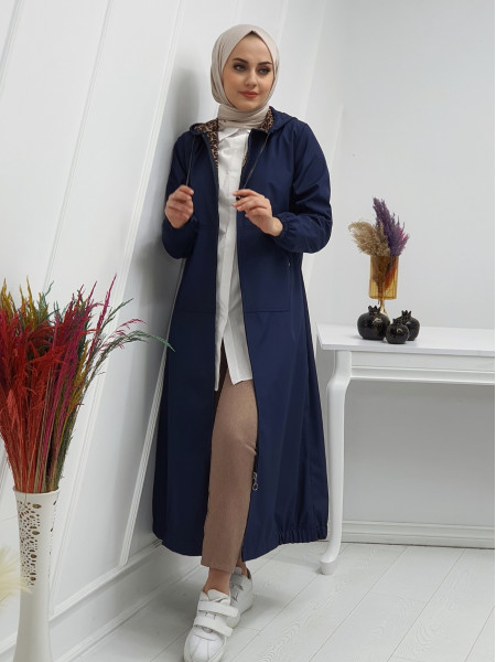 Long Trench Coat With Hooded Sleeve And Elastic Skirt -Navy blue