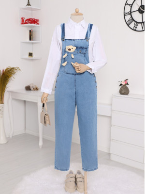 Teddy Bear Detail Suspended Side Buttons Denim Overalls -Blue