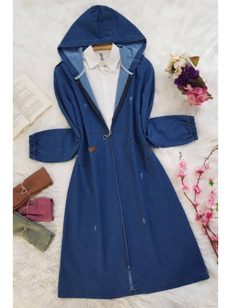 Hooded Long Denim Jacket  -Navy blue