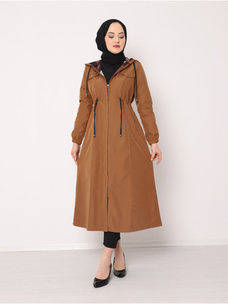 Hooded Tunnel Lace-up Zippered Trench Coat -Snuff