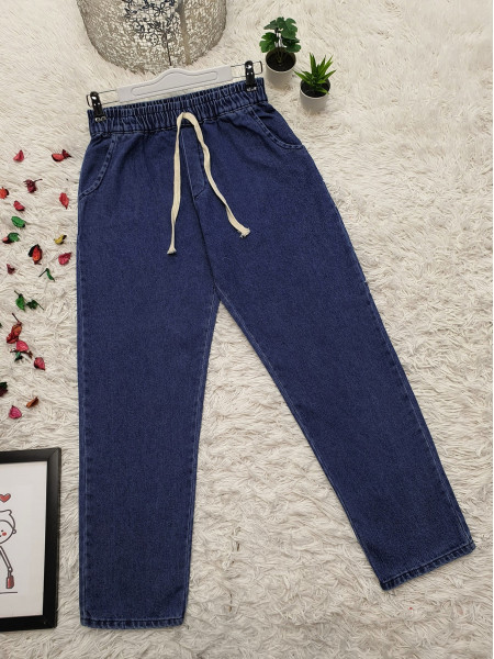 Elastic Waist Lace Detail Jeans -İndigo