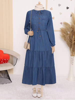 Tunnel Lace-Up Double Pocketed Jeans Dress -Navy blue