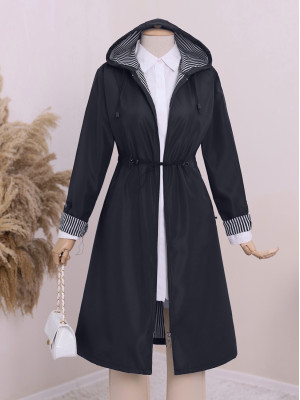 Elastic Waist Folded Arms Hooded Trench Coat -Navy blue