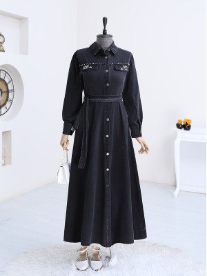 Taş Detaylı Boydan Düğmeli Kot Elbise -Siyah