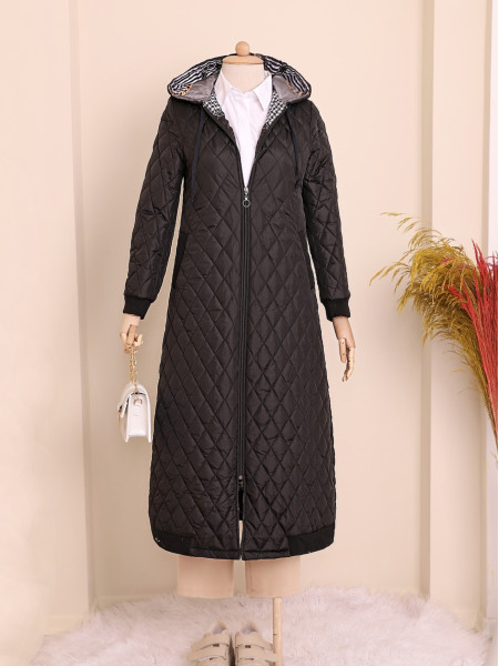 Long Quilted Coat with Side Pockets -Black