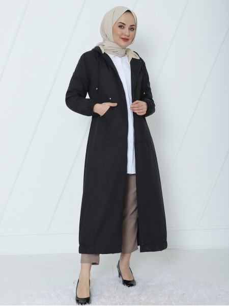 Full Plush Skirt Pleated Bondik Coat -Black