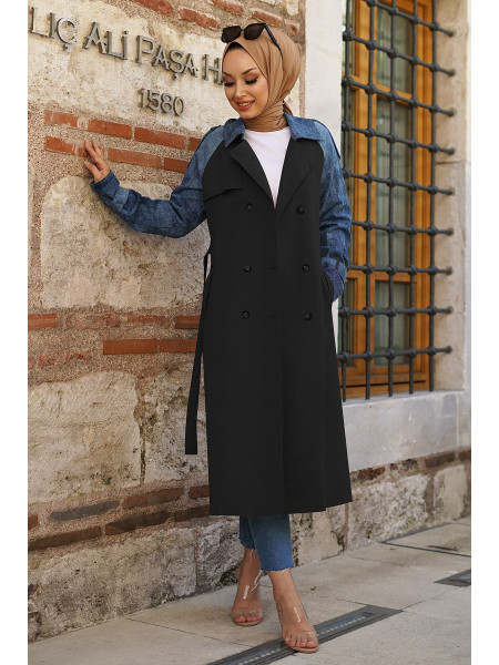 Jeans Detailed Long Trench Coat -Black