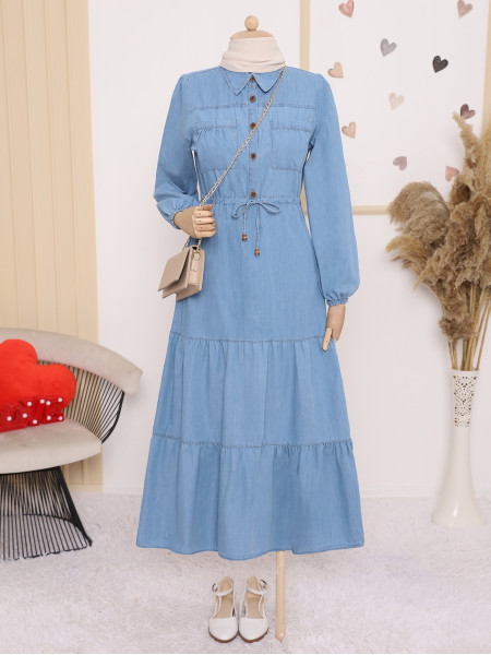 Tunnel Lace-Up Double Pocketed Jeans Dress -Blue