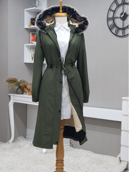 Pull-out Hooded Sewing Detail Bondit Coat -Khaki