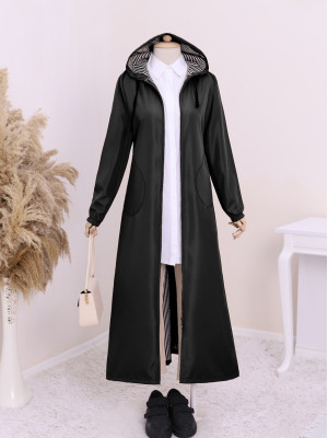 Zippered Hooded Trench Coat With Side Pockets -Black