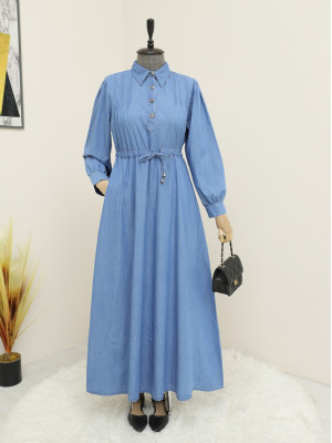Shoulder Pleat Detailed Pocket Tunnel Lace Denim Dress -Blue