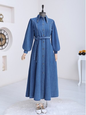 Stone Embroidered Halter Button Belted Denim Dress  -Blue