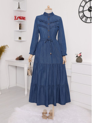 Half Buttoned Front Frilly Pieced Jeans Dress -İndigo