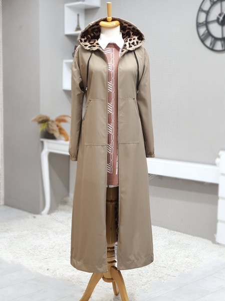 Long Trench Coat With Hooded Sleeve And Elastic Skirt -Light Mink