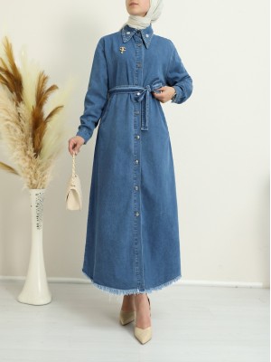 Buttoned Denim Cap with Tasseled Brooch Detail on the Skirt -Blue