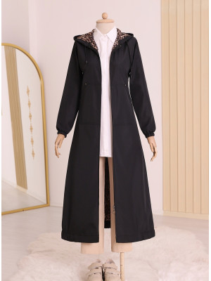 Long Trench Coat With Hooded Sleeve And Elastic Skirt  -Color