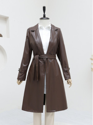 Belted Leather Trench Coat with Side Pockets -Brown