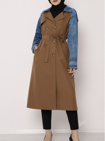 Jeans Detailed Long Trench Coat -Snuff