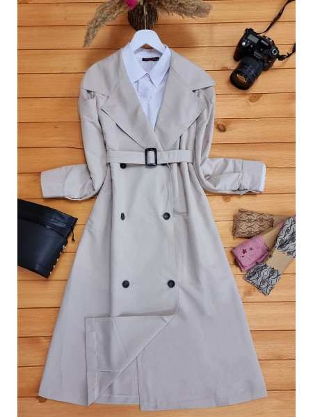 Buttoned Long Trench Coat -Stone