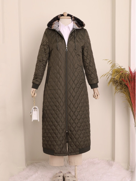 Long Quilted Coat with Side Pockets -Khaki