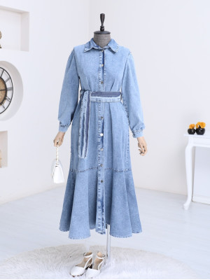 Boydan Düğmeli Eteği Fırfırlı Kot Elbise -Açık Mavi