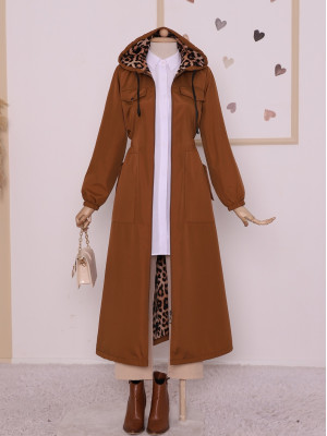 Elastic Waist Covered Long Trench Coat with Pockets -Snuff