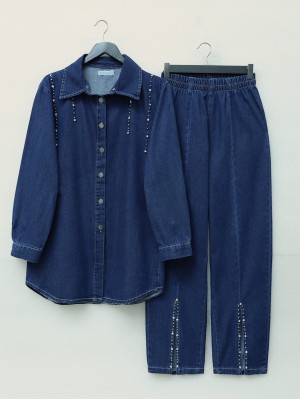 Double Denim Suit with Slits and Stone Detail -كحلي