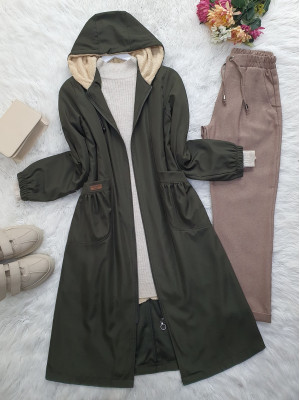 Sheepskin Fixed Hooded Bondit Winter Hijab Coat -Khaki