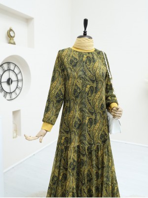 Etnik Desen Eteği Parçalı Astarlı Şifon Elbise   -Yağ Yeşili