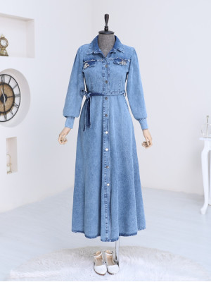 Taş Detaylı Boydan Düğmeli Kot Elbise -İndigo