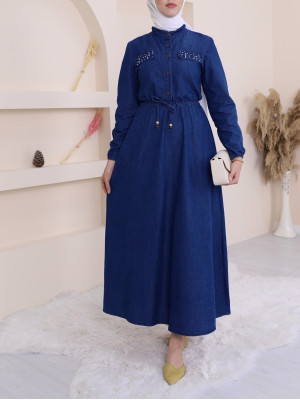 Pearl Detailed Tunnel Lace Long Denim Dress  -Navy blue