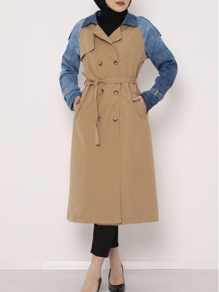 Jeans Detailed Long Trench Coat -Mink color