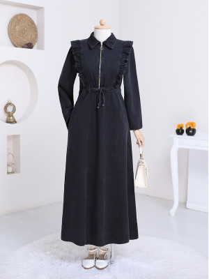 فستان من الدنيم بخصر مكشكش -أسود