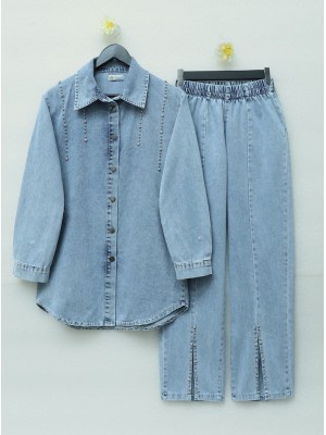Double Denim Suit with Slits and Stone Detail -جليدي