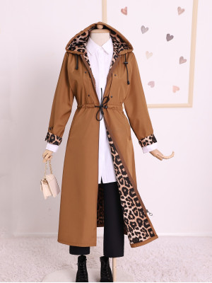 Long Sleeve Hooded Lace-Up Long Trench Coat -Snuff