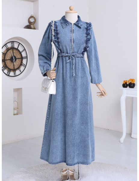Robadan fırfırlı Belden Büzgü Kot Elbise -Mavi