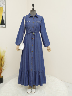 Çift Cepli İnci Detaylı Boydan Düğmeli Kot Elbise -İndigo