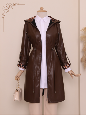 Folded Arm Tie Waist Hooded Leather Cap -Brown