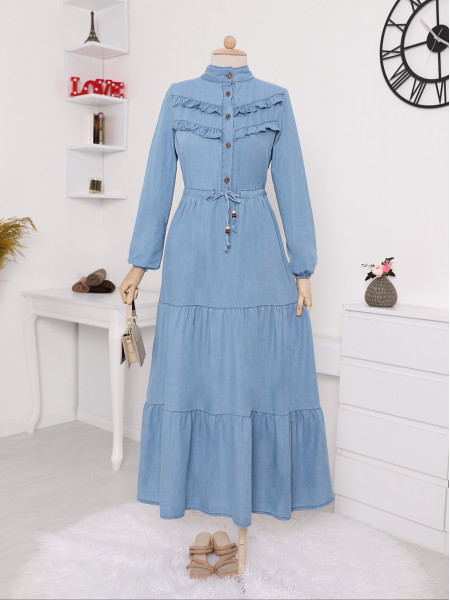 Yarım Düğmeli Önü Fırfırlı Parçalı Kot Elbise -Mavi