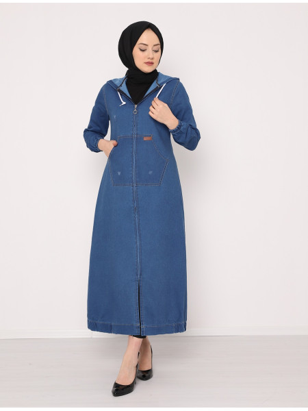 Oversized zipper hooded trench coat  -Blue