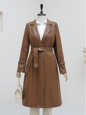 Belted Leather Trench Coat with Side Pockets -Snuff