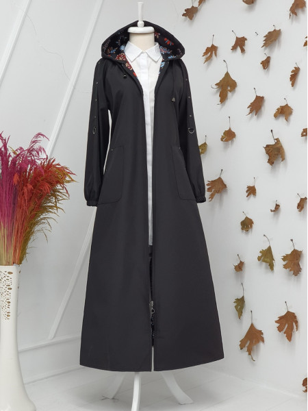 Metal Detailed Zippered Hooded Trench Coat -Black