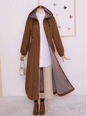 Skirt Oval Cut Hooded Long Trench Coat with Pockets -Snuff