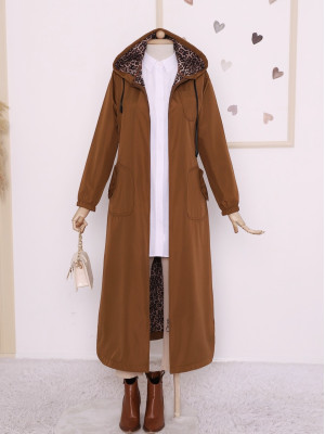 Skirt Oval Cut Hooded Long Trench Coat with Pockets -Cinnamon