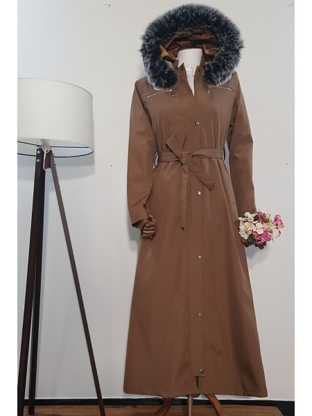 Long Bondit Coat With Fur Hood -Snuff