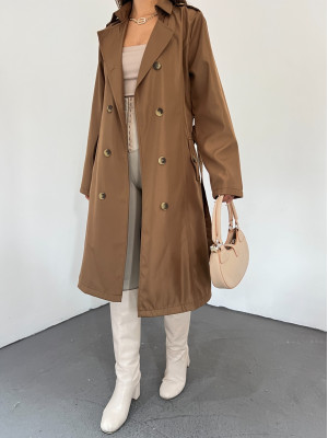 Buttoned Front Buckled Belt Trench Coat -Snuff