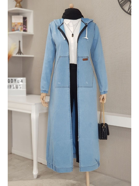 Oversized zipper hooded trench coat  -Light blue
