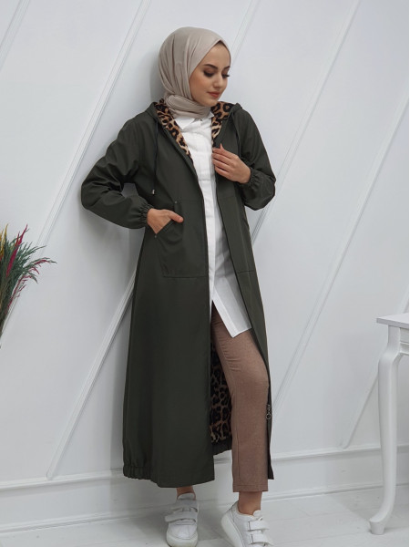Long Trench Coat With Hooded Sleeve And Elastic Skirt -Khaki