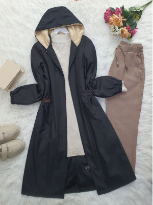 Sheepskin Fixed Hooded Bondit Winter Hijab Coat -Black