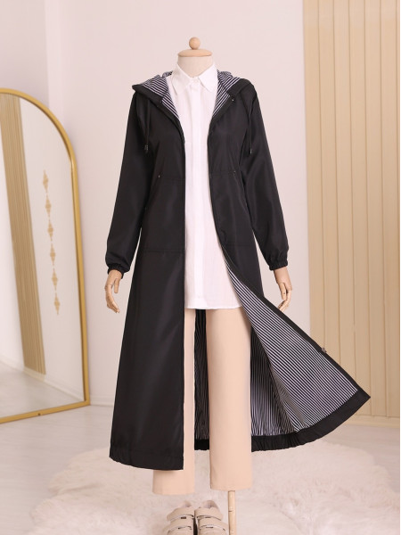 Long Trench Coat With Hooded Sleeve And Elastic Skirt -Black